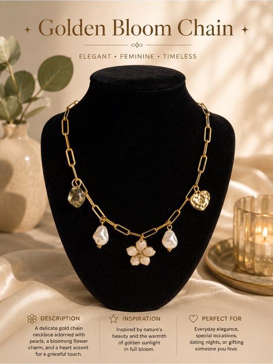 Handmade Jewelry - Golden Bloom Chain Necklace - Gold with White Pearl and Mother-of-Pearl Charms